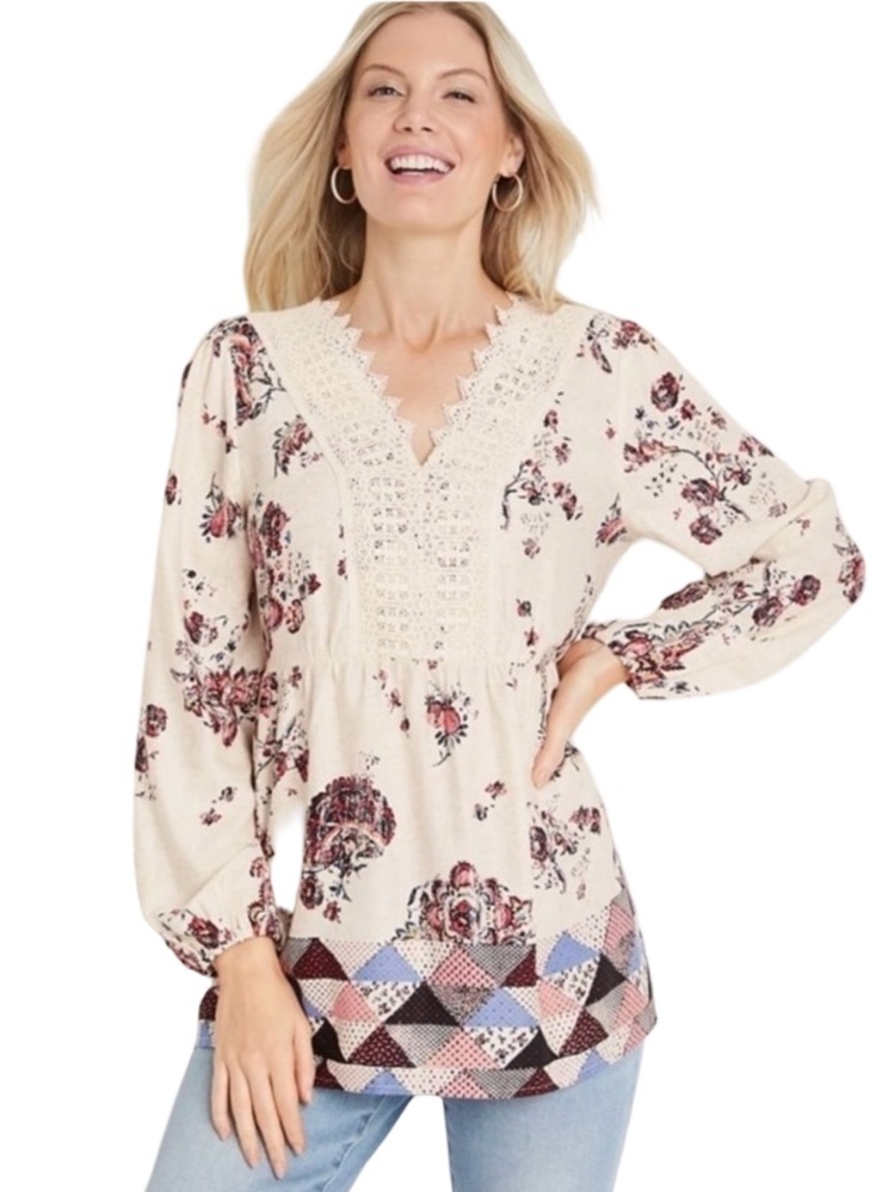 Maurices Cottagecore floral crotchet lace blouse with patchwork boho Sz Large